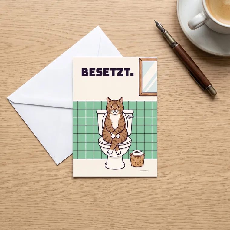 Postkarte „Besetzt.“ mit Umschlag auf einem Holztisch
