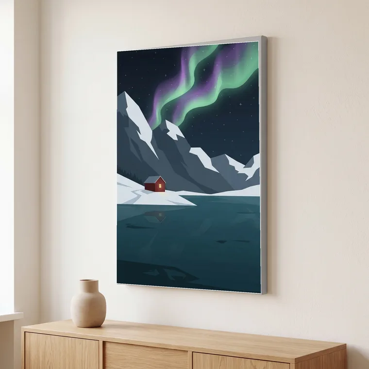 Leinwand mit Polarlicht-Motiv über einem Sideboard