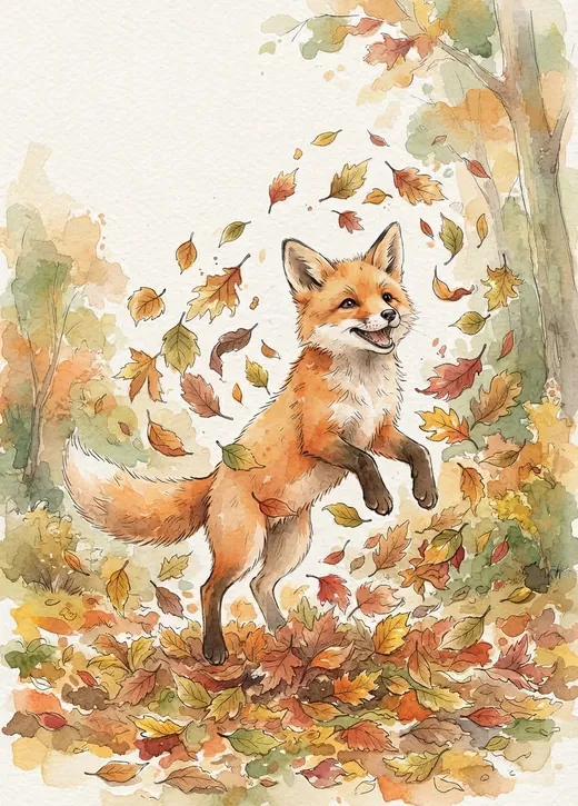 Herbst-Poster mit Fuchs, der durchs Laub springt
