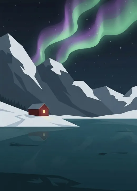 Natur-Poster mit Polarlicht über Bergen und einer roten Hütte