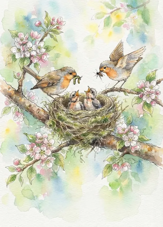 Aquarell-Poster „Unser Nest.“ mit Rotkehlchen-Familie