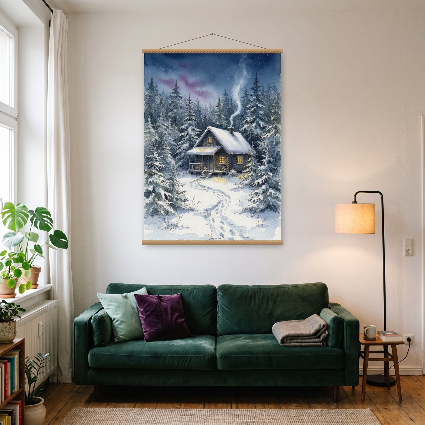 Hütte im Schnee – Poster mit Posterleiste an der Wand