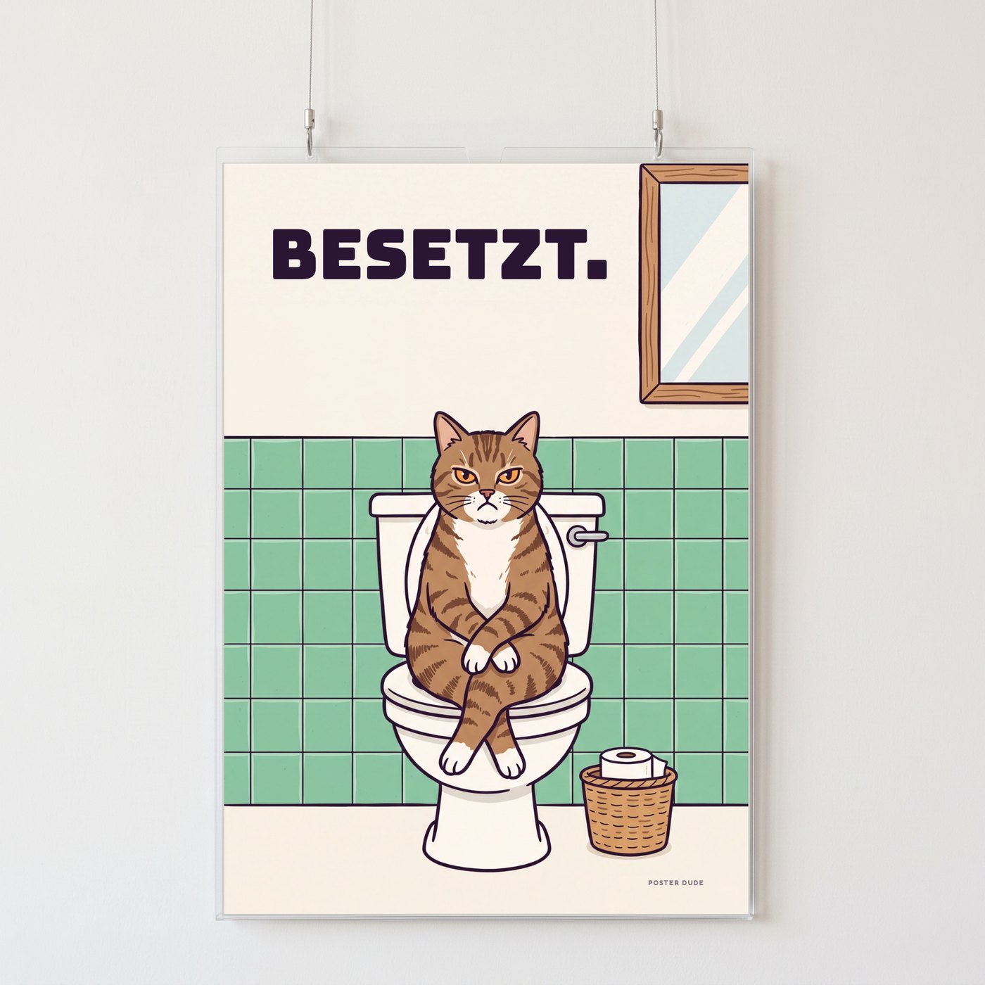 Transparenter Posterhalter mit Poster, an zwei Schnüren aufgehängt