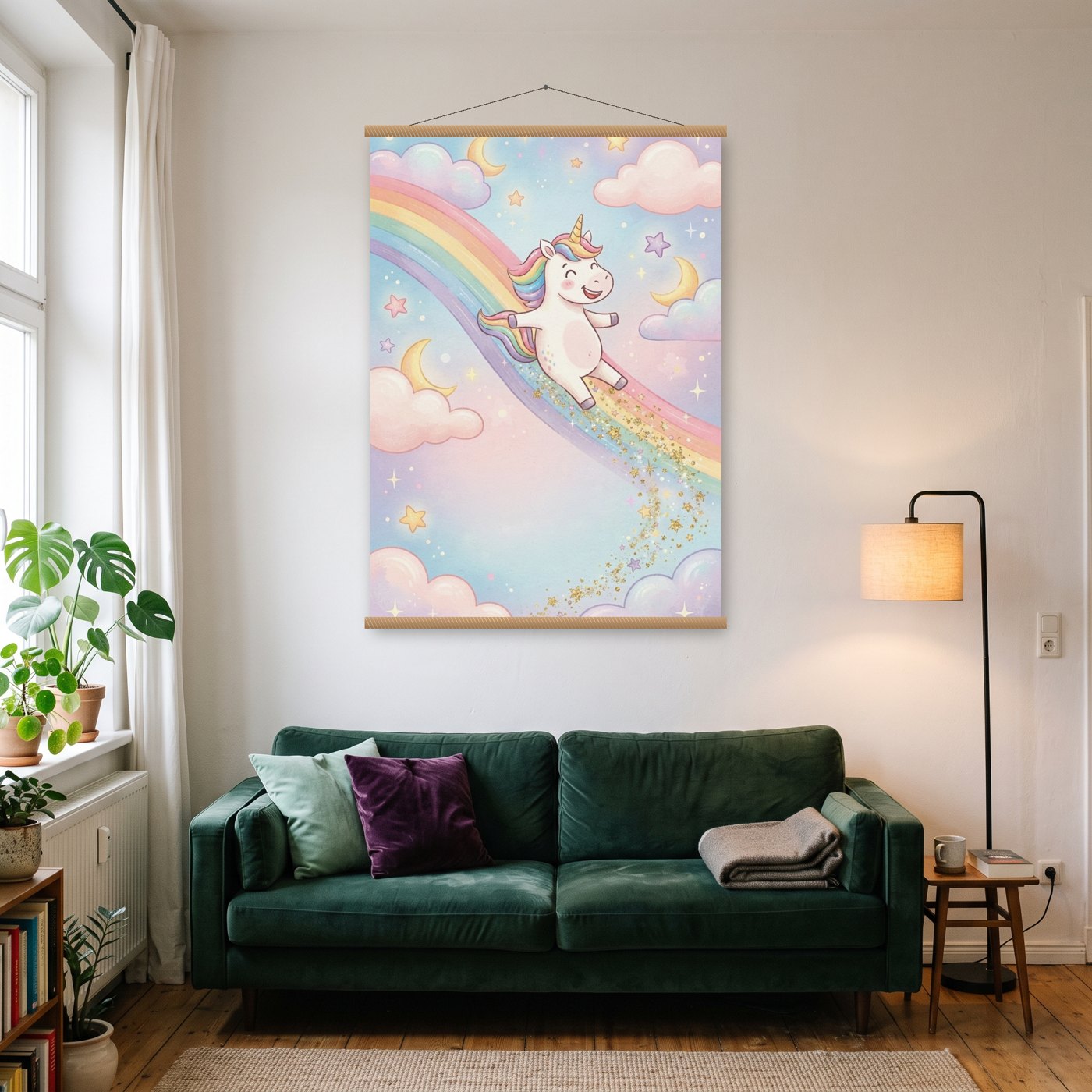 Einhorn im Regenbogen – Poster mit Posterleiste an der Wand