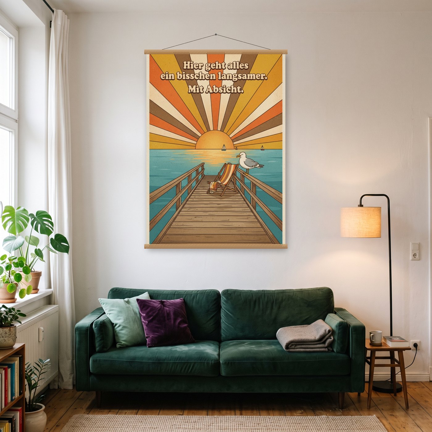 Hier geht alles ein bisschen langsamer – Poster mit Posterleiste an der Wand