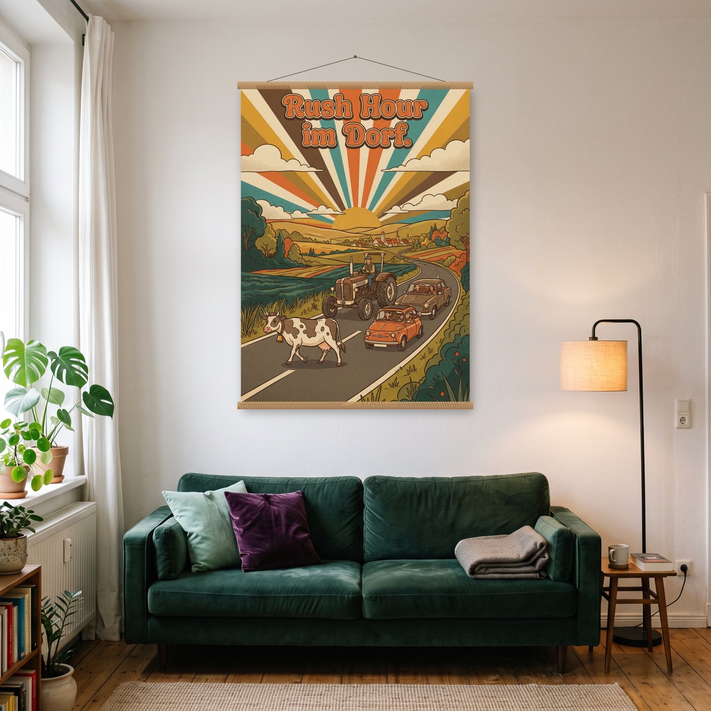 Rush Hour im Dorf – Poster mit Posterleiste an der Wand