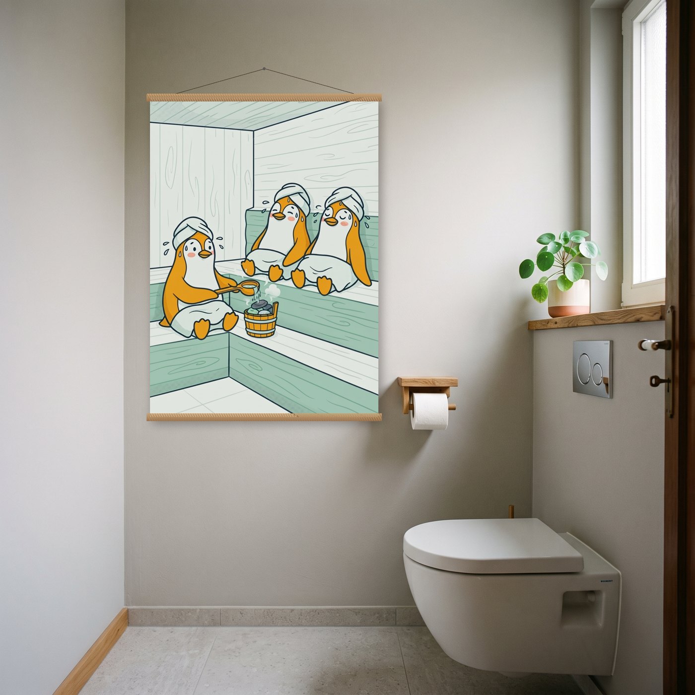 Pinguine in der Sauna – Poster mit Posterleiste an der Wand