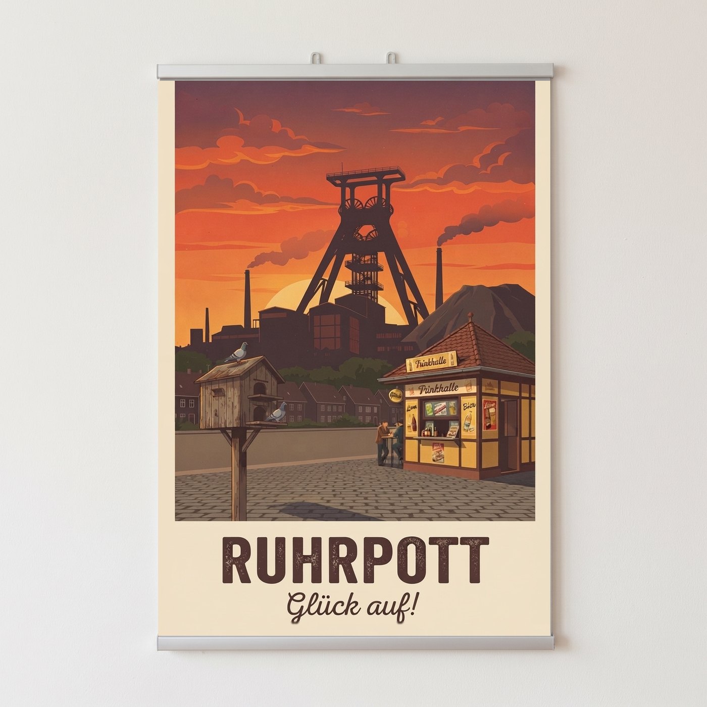 Silberne Posterklammern oben und unten am Poster „Ruhrpott – Glück auf!“