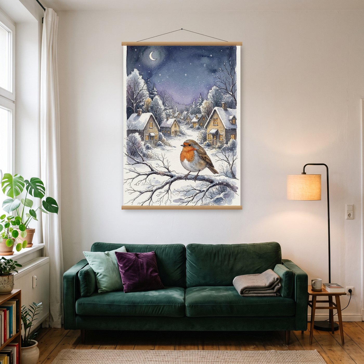 Winterdorf mit Rotkehlchen – Poster mit Posterleiste an der Wand