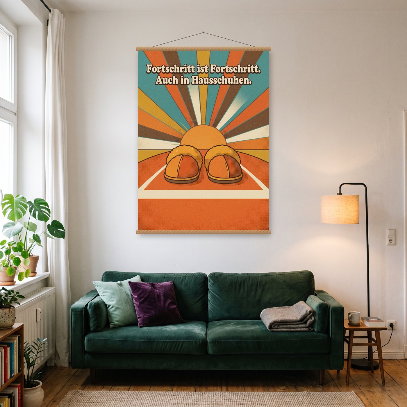 Fortschritt in Hausschuhen – Poster mit Posterleiste an der Wand