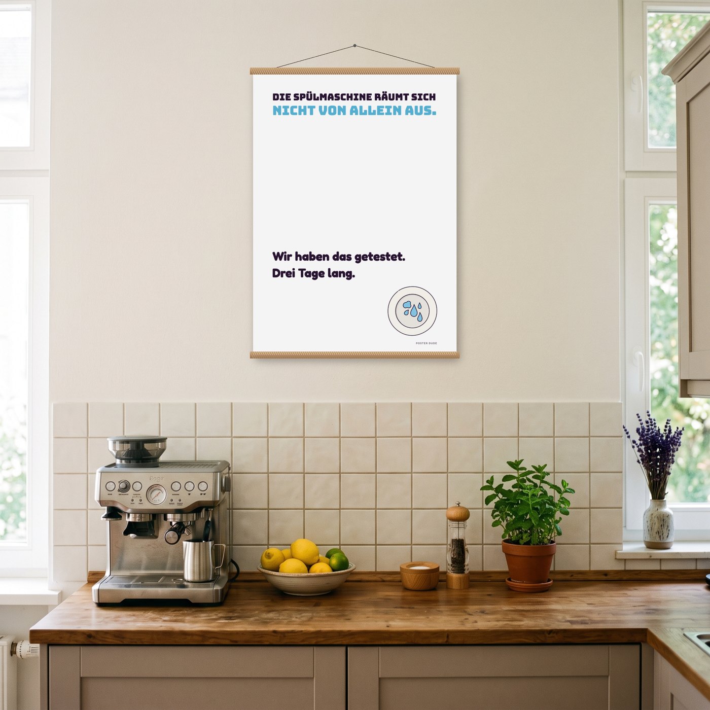 Spülmaschine, getestet – Poster mit Posterleiste an der Wand