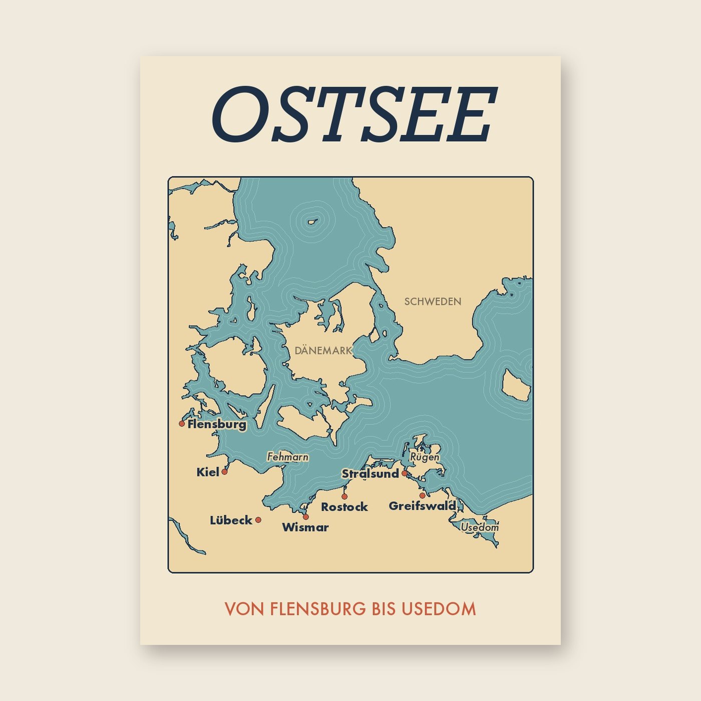 Ostsee-Karte: von Flensburg bis Usedom – Poster (mit Spruch)