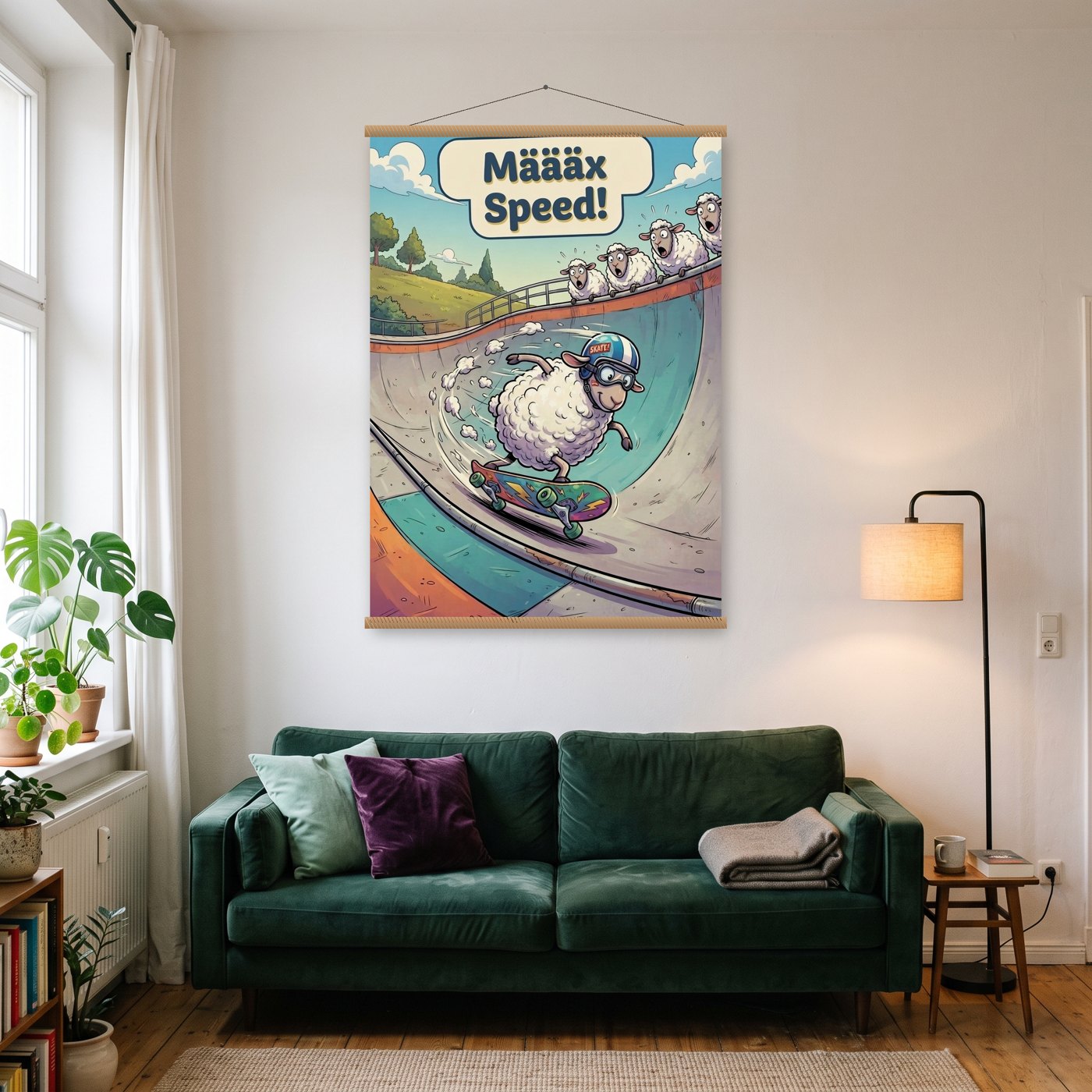 Schaf auf dem Skateboard – Poster mit Posterleiste an der Wand