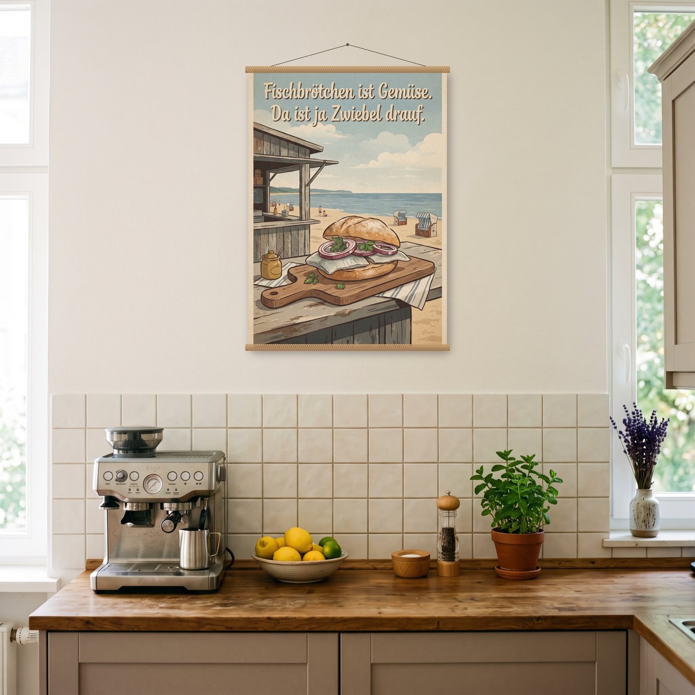 Fischbrötchen ist Gemüse – Poster mit Posterleiste an der Wand