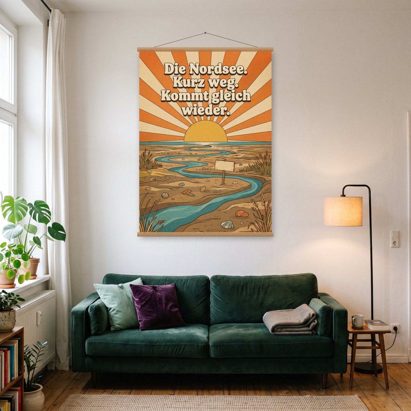 Die Nordsee. Kurz weg. Kommt gleich wieder – Poster mit Posterleiste an der Wand