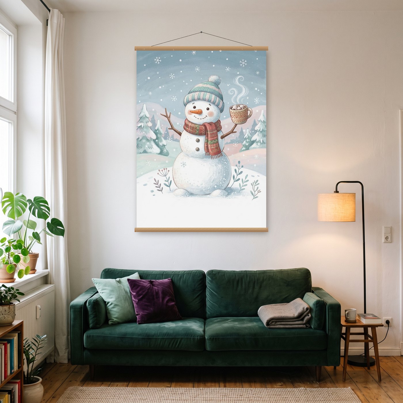 Schneemann mit Kakao – Poster mit Posterleiste an der Wand