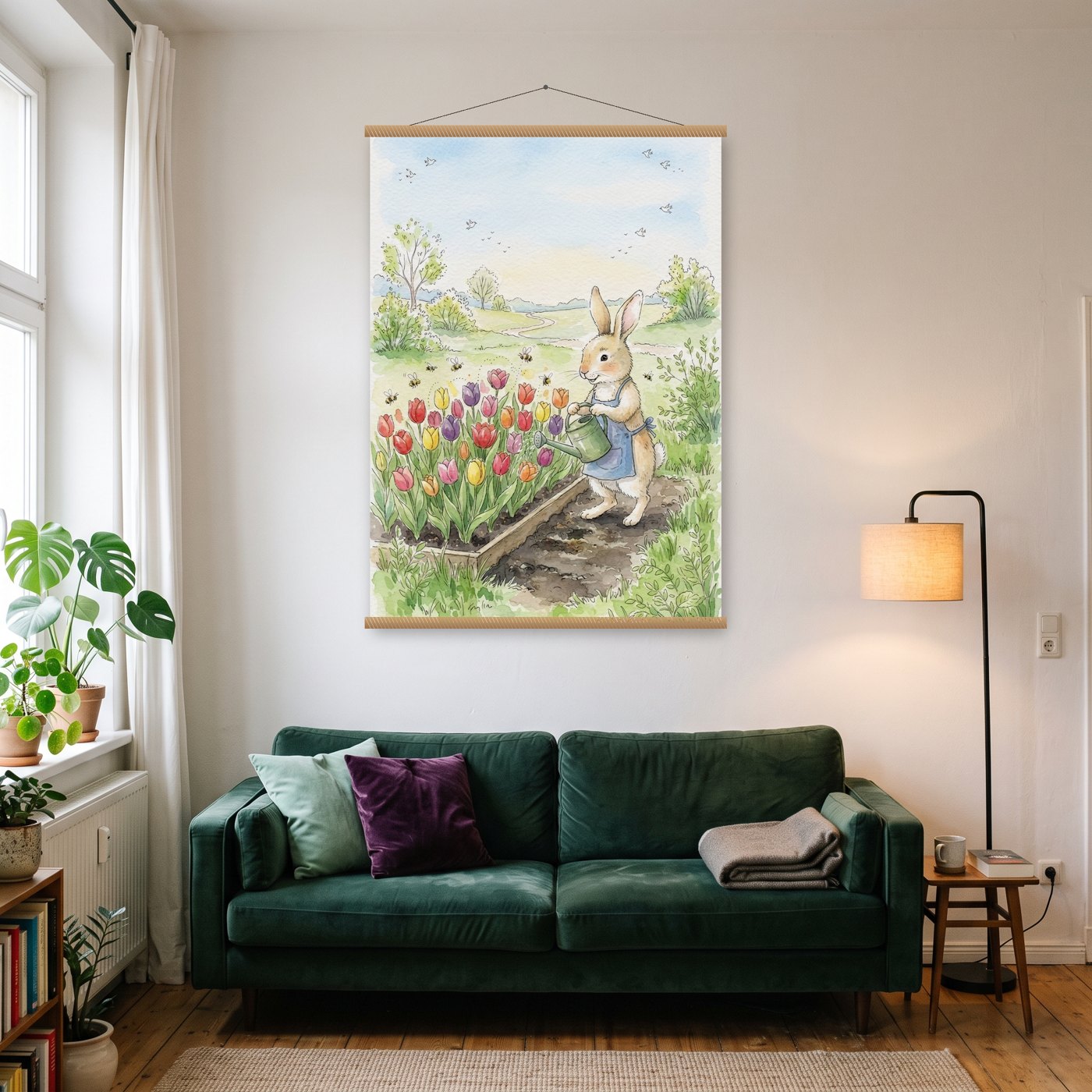 Hase gießt Tulpen – Poster mit Posterleiste an der Wand