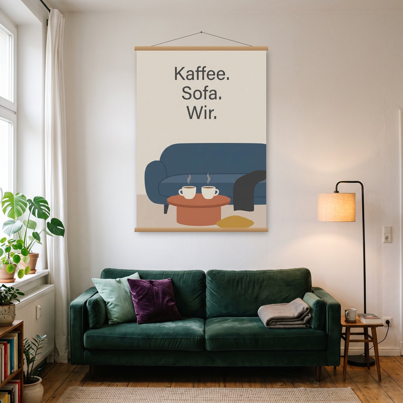 Kaffee, Sofa, Wir – Poster mit Posterleiste an der Wand