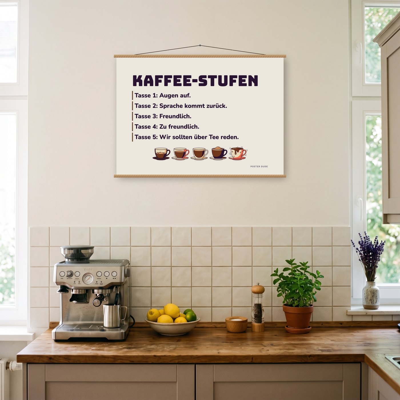 Kaffee-Stufen – Poster mit Posterleiste an der Wand