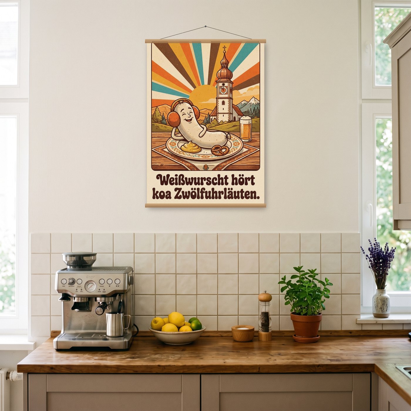 Weißwurscht hört koa Zwölfuhrläuten – Poster mit Posterleiste an der Wand