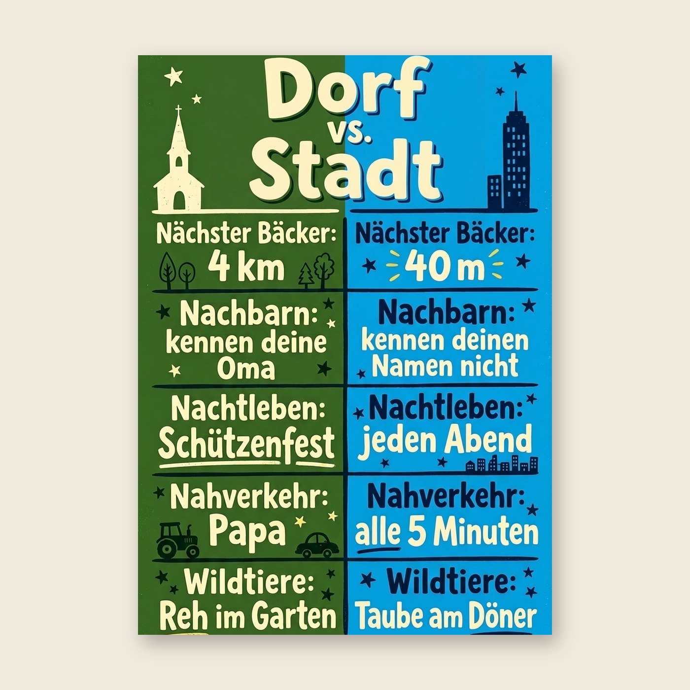 Dorf vs. Stadt – Poster (mit Spruch)