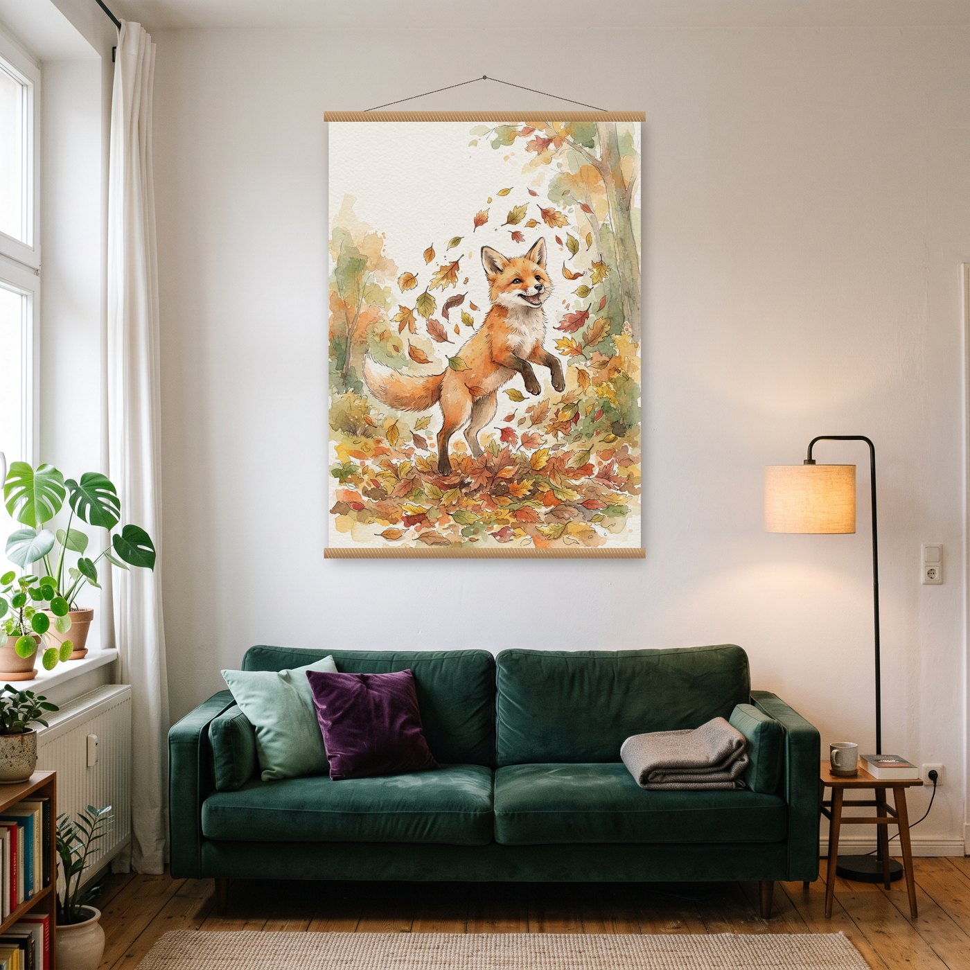 Fuchs im Laub – Poster mit Posterleiste an der Wand