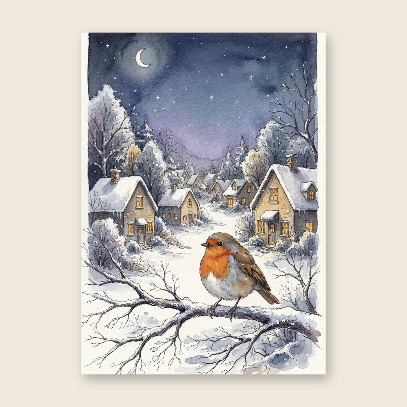 Winterdorf mit Rotkehlchen – Poster (ohne Text)