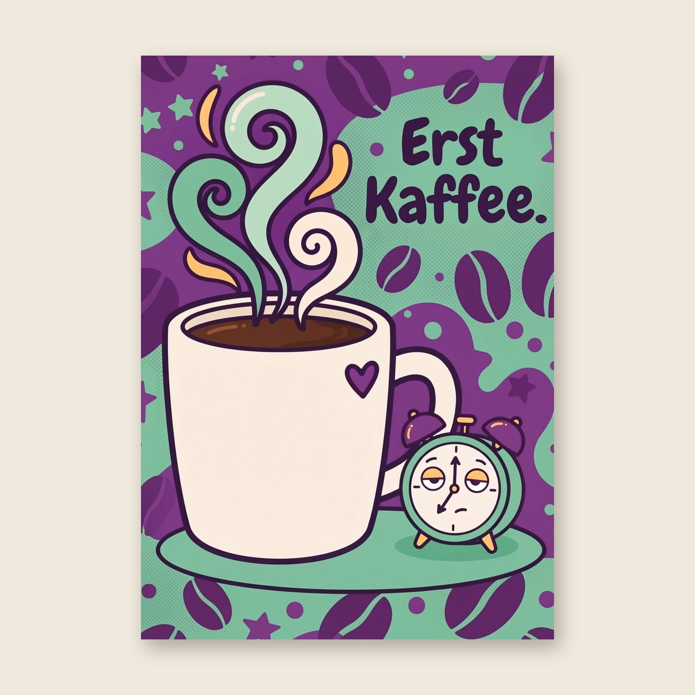 KI-Poster „Erst Kaffee.“ im Dude-Look, mit dem KI-Poster-Designer gestaltet