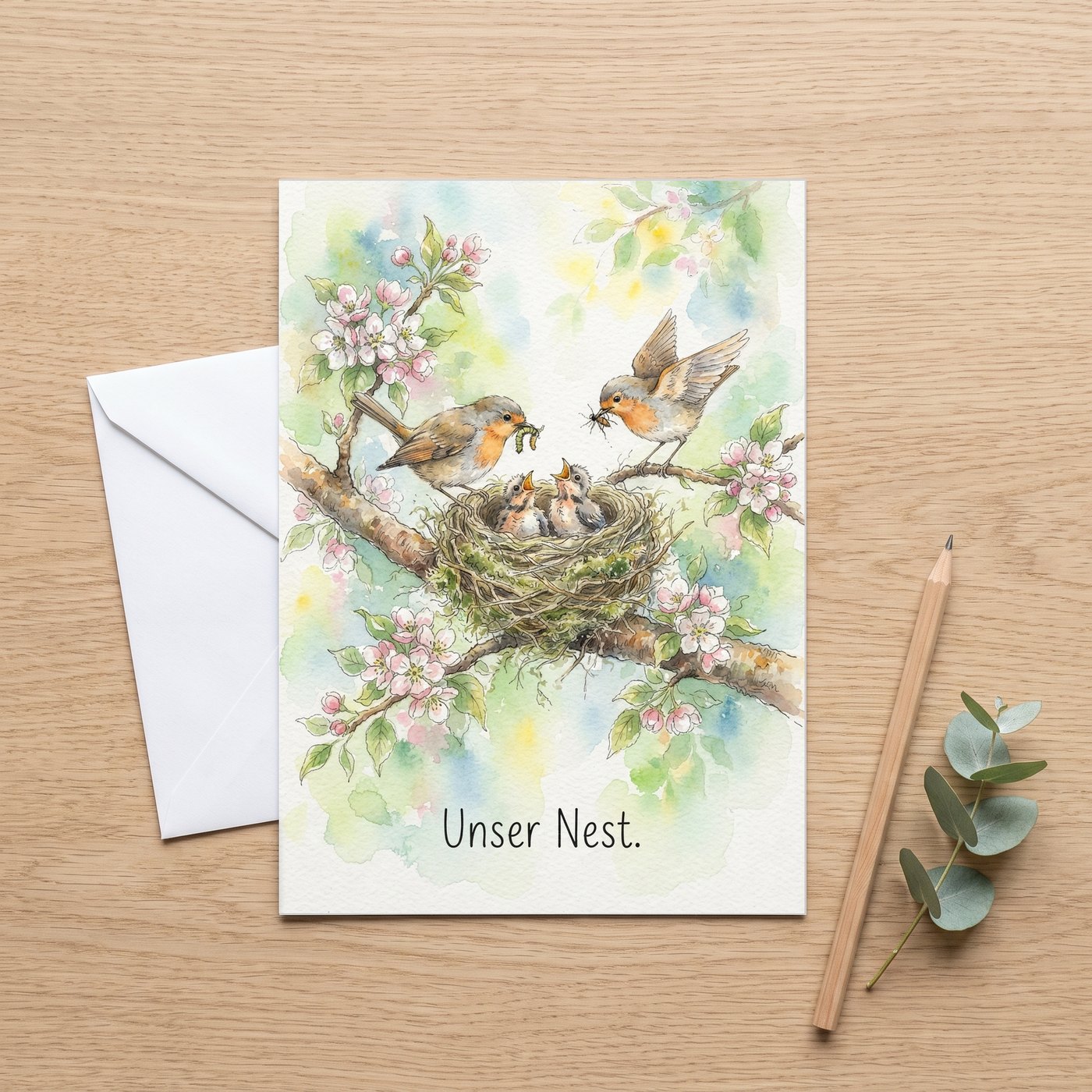 Karte A4 mit dem Aquarell „Unser Nest.“ auf einem Holztisch neben einem Umschlag