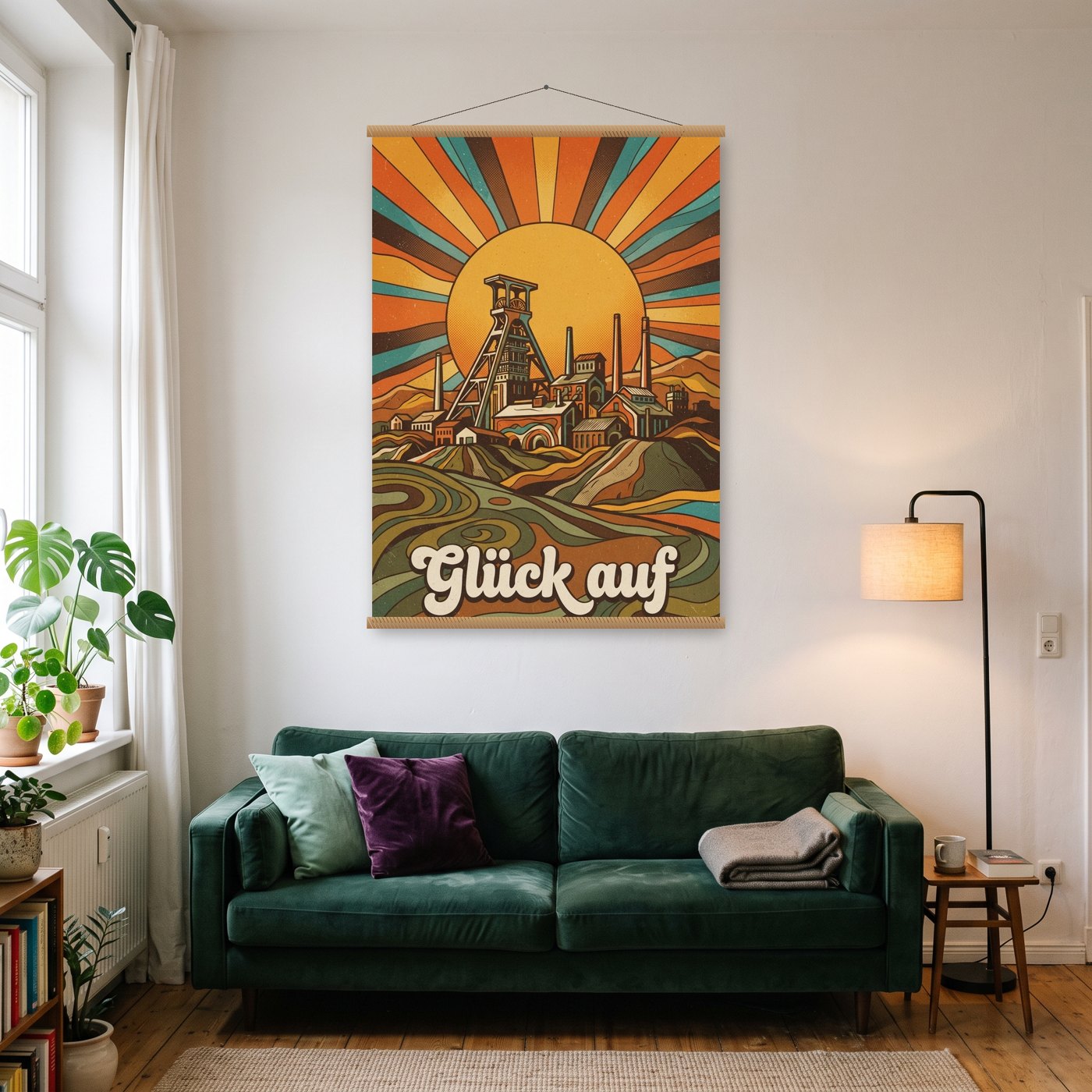 KI-Poster „Glück auf“ im Retro-Stil an einer Posterleiste über dem Sofa