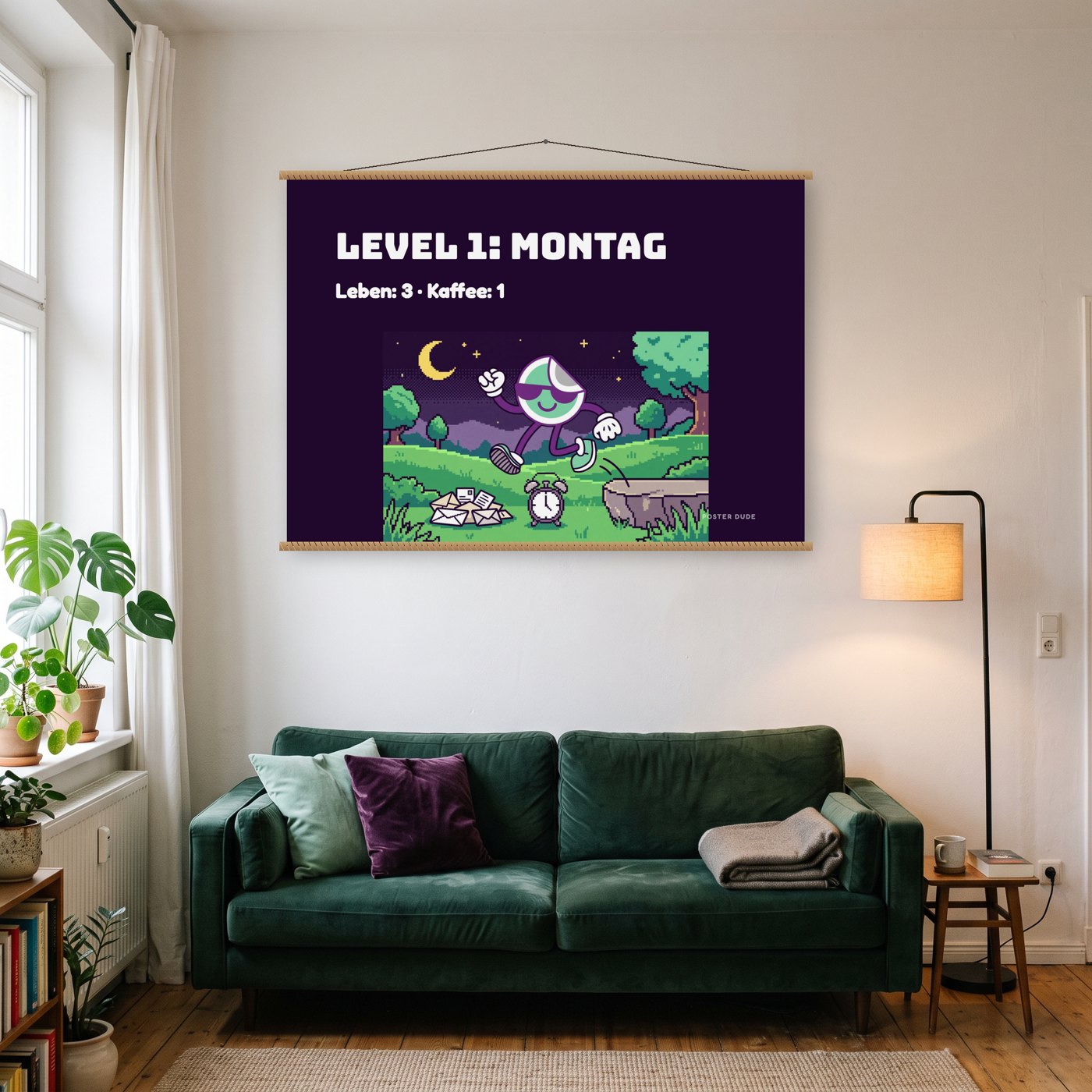 Pixel-Dude: Level Montag – Poster mit Posterleiste an der Wand