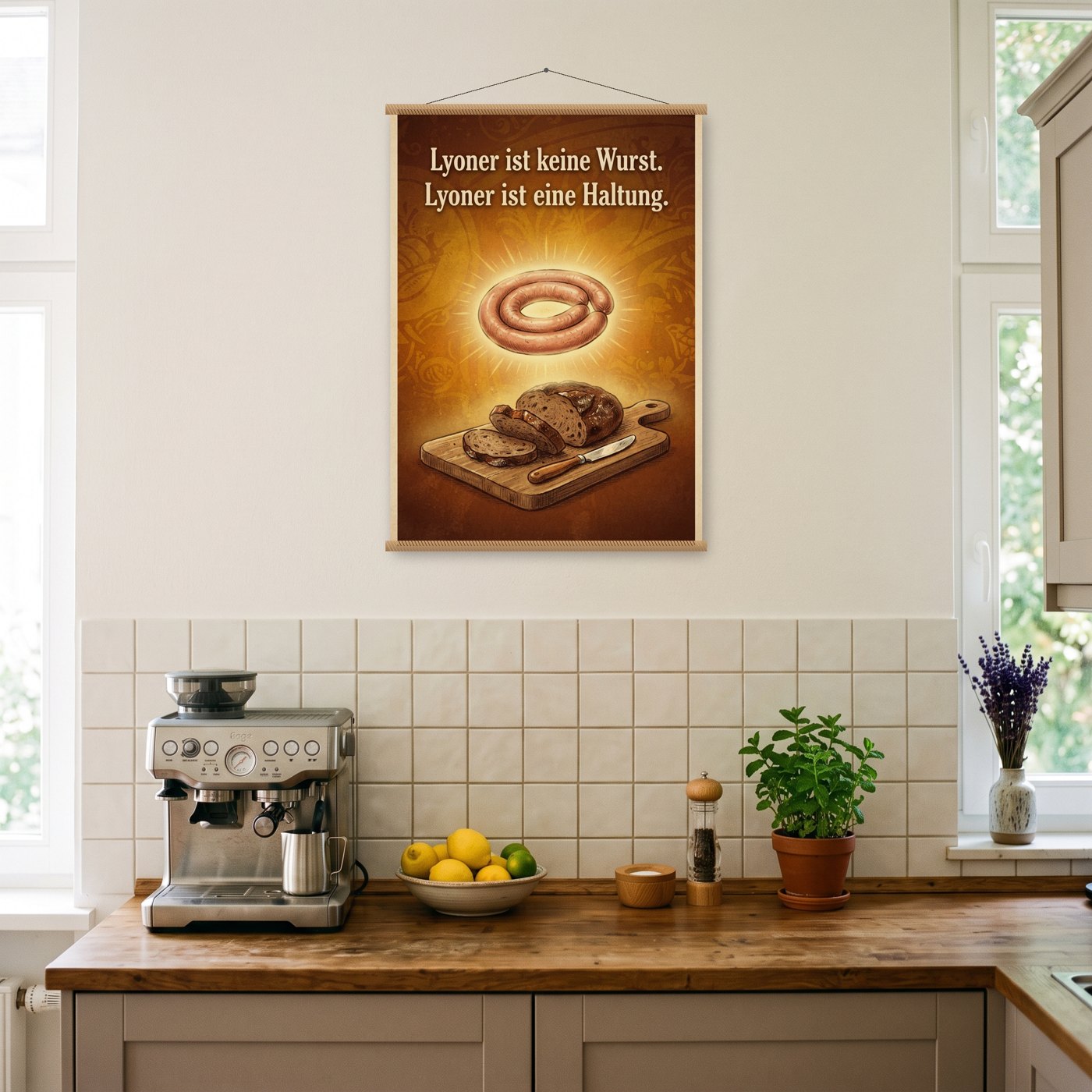 Lyoner ist eine Haltung – Poster mit Posterleiste an der Wand