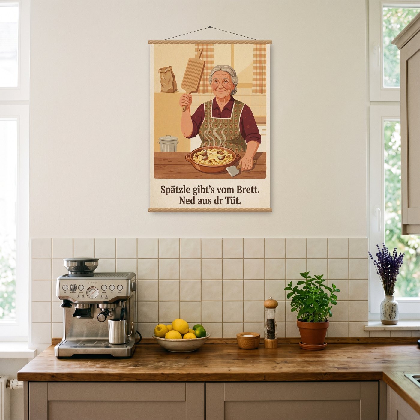 Spätzle vom Brett – Poster mit Posterleiste an der Wand