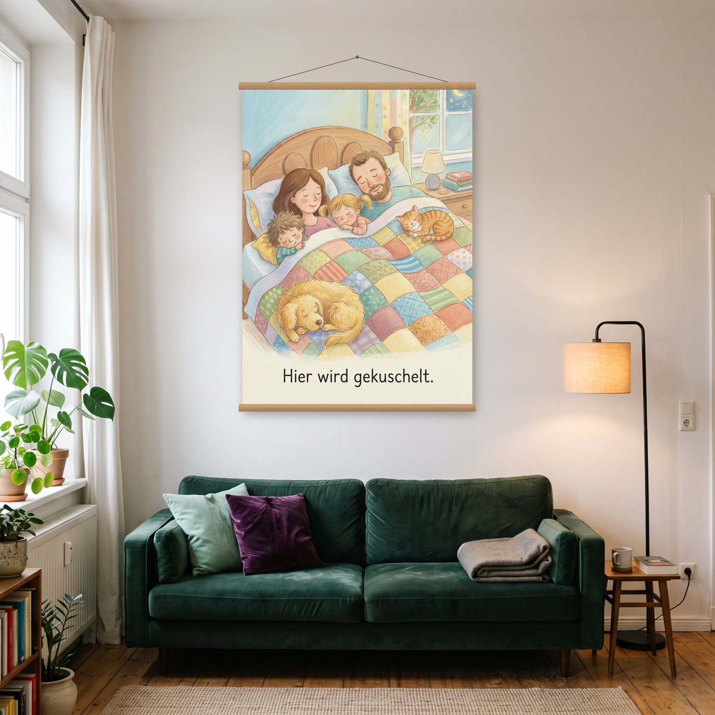 Alle ins große Bett – Poster mit Posterleiste an der Wand
