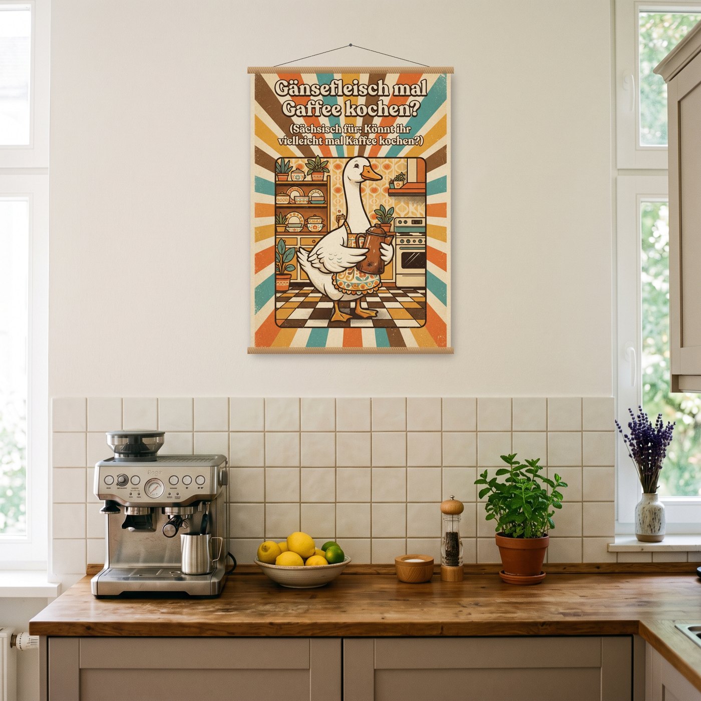 Gänsefleisch mal Gaffee kochen? – Poster mit Posterleiste an der Wand