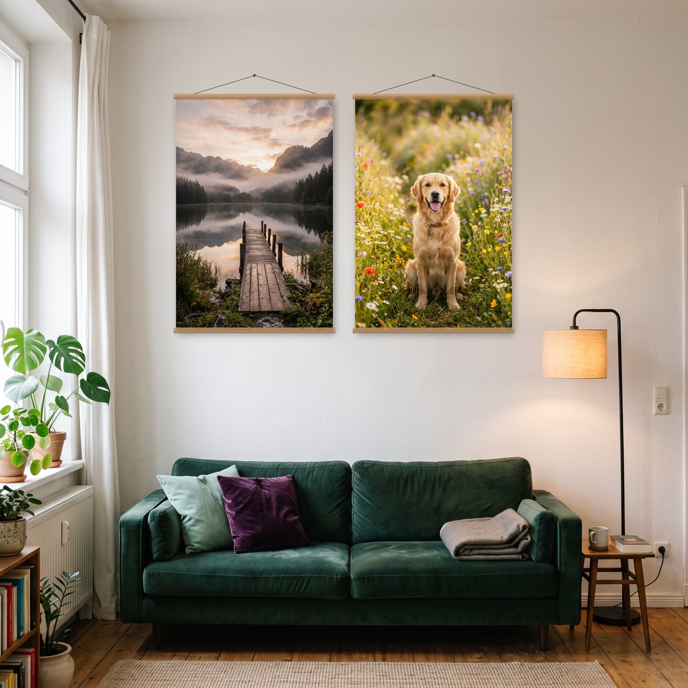 Zwei Poster mit eigenen Fotos an Posterleisten über dem Sofa