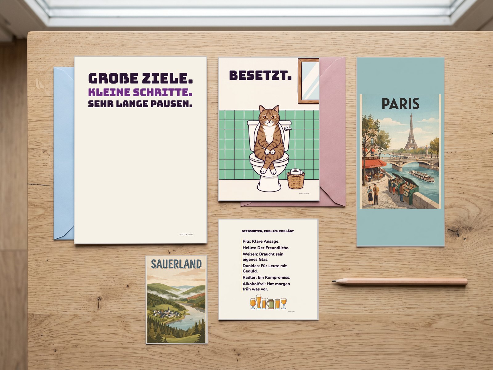 Karten in fünf Formaten mit Poster-Dude-Sprüchen auf einem Holztisch