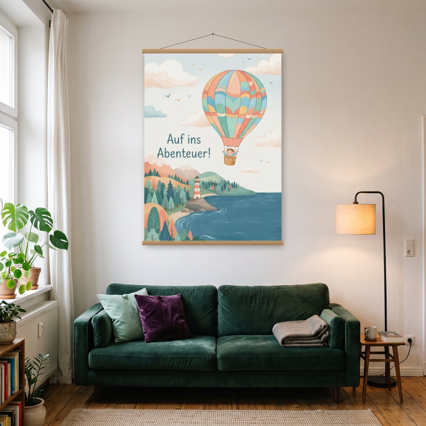 Auf ins Abenteuer! – Poster mit Posterleiste an der Wand