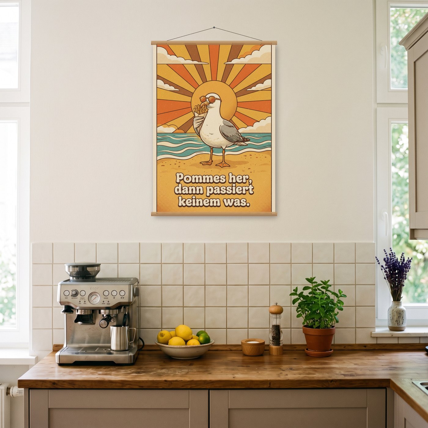 Möwe will Pommes – Poster mit Posterleiste an der Wand