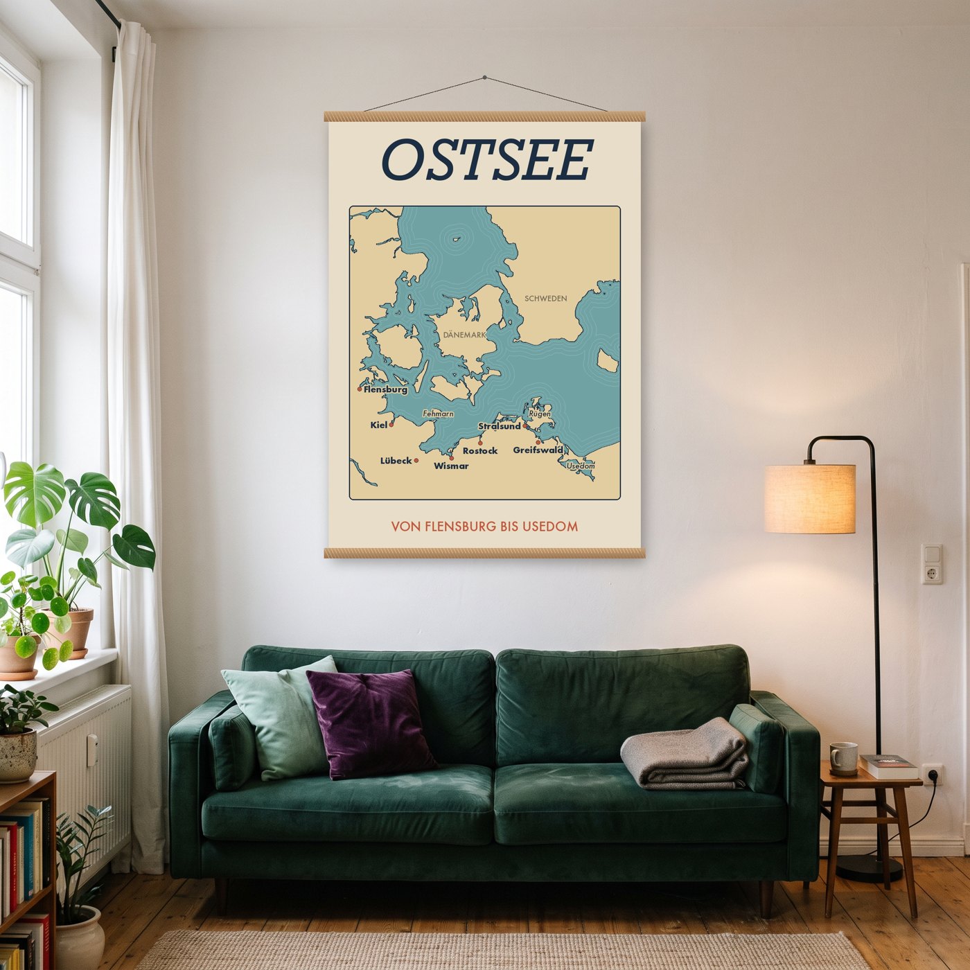 Ostsee-Karte: von Flensburg bis Usedom – Poster mit Posterleiste an der Wand