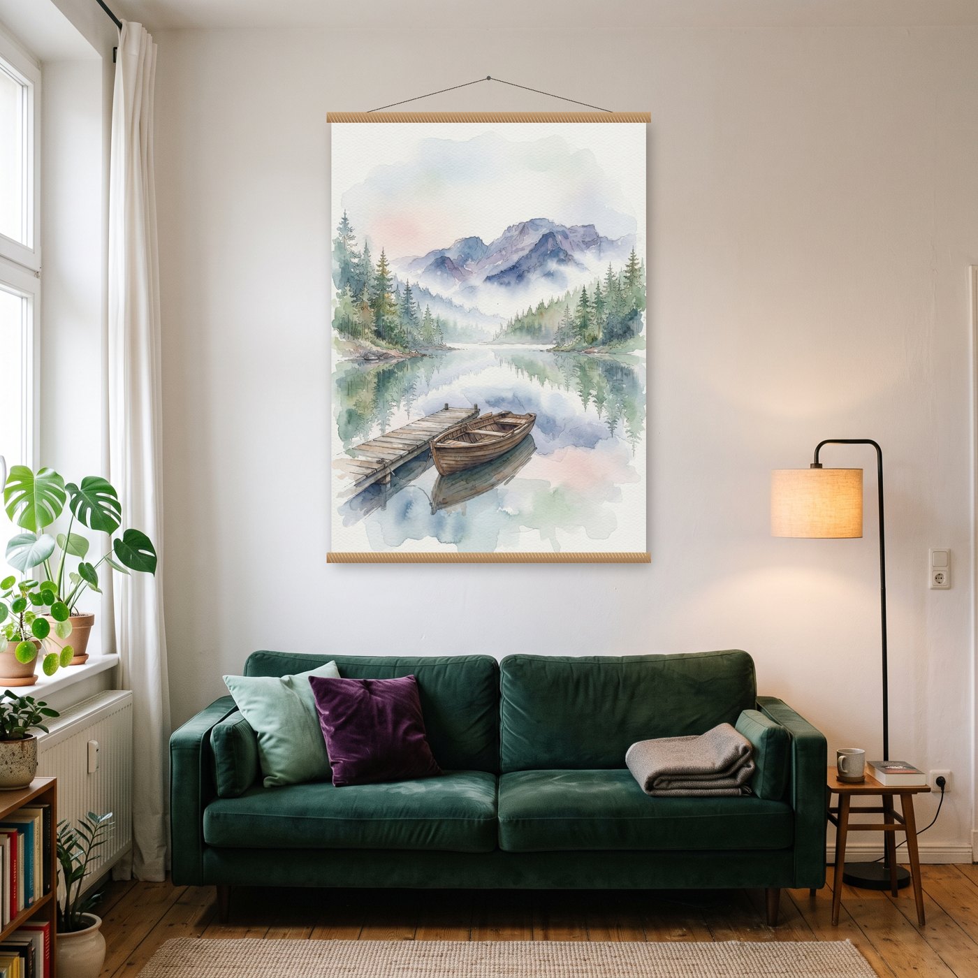 Bergsee im Morgennebel – Poster mit Posterleiste an der Wand