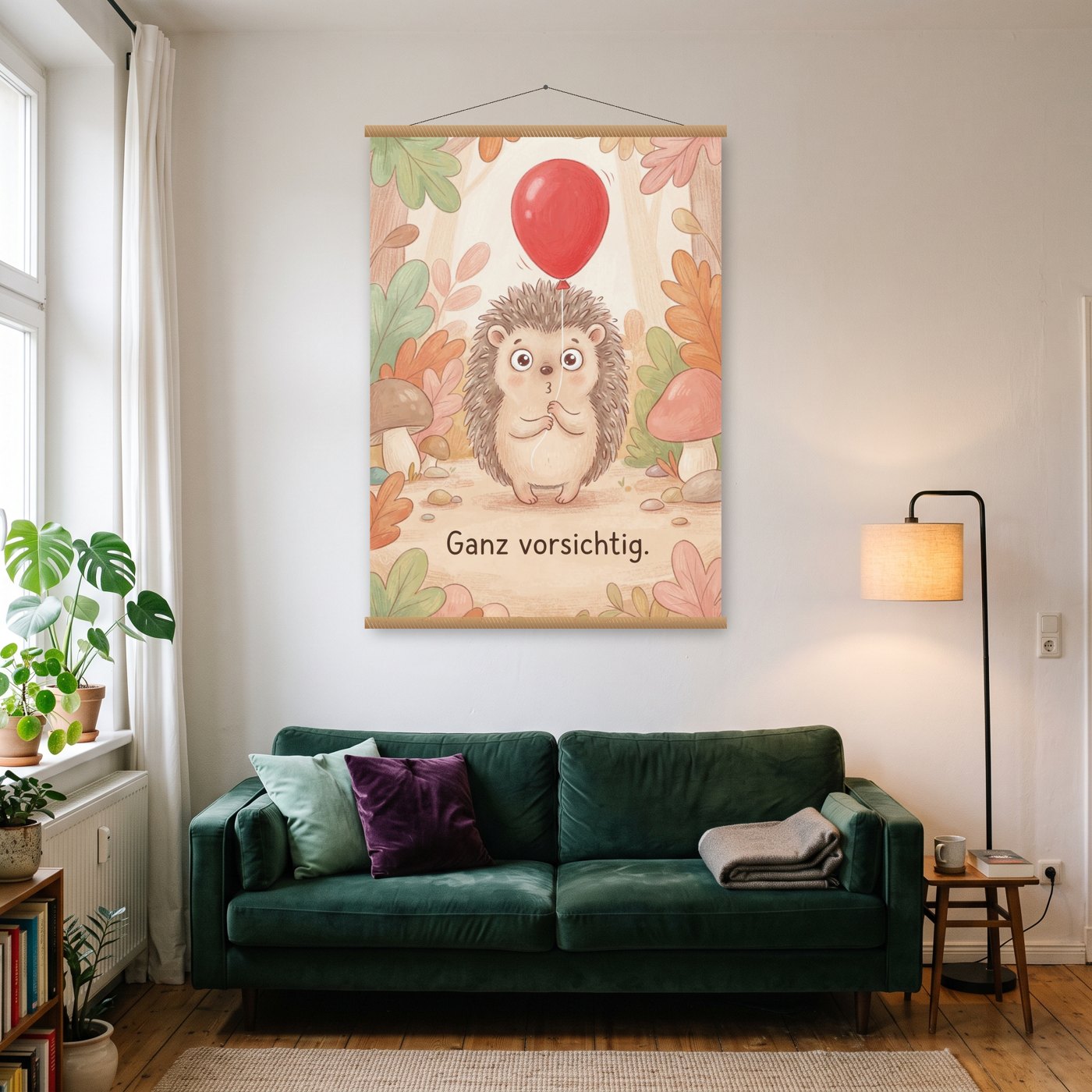 Igel mit Luftballon – Poster mit Posterleiste an der Wand