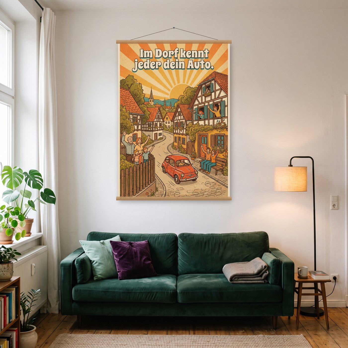 Im Dorf kennt jeder dein Auto – Poster mit Posterleiste an der Wand