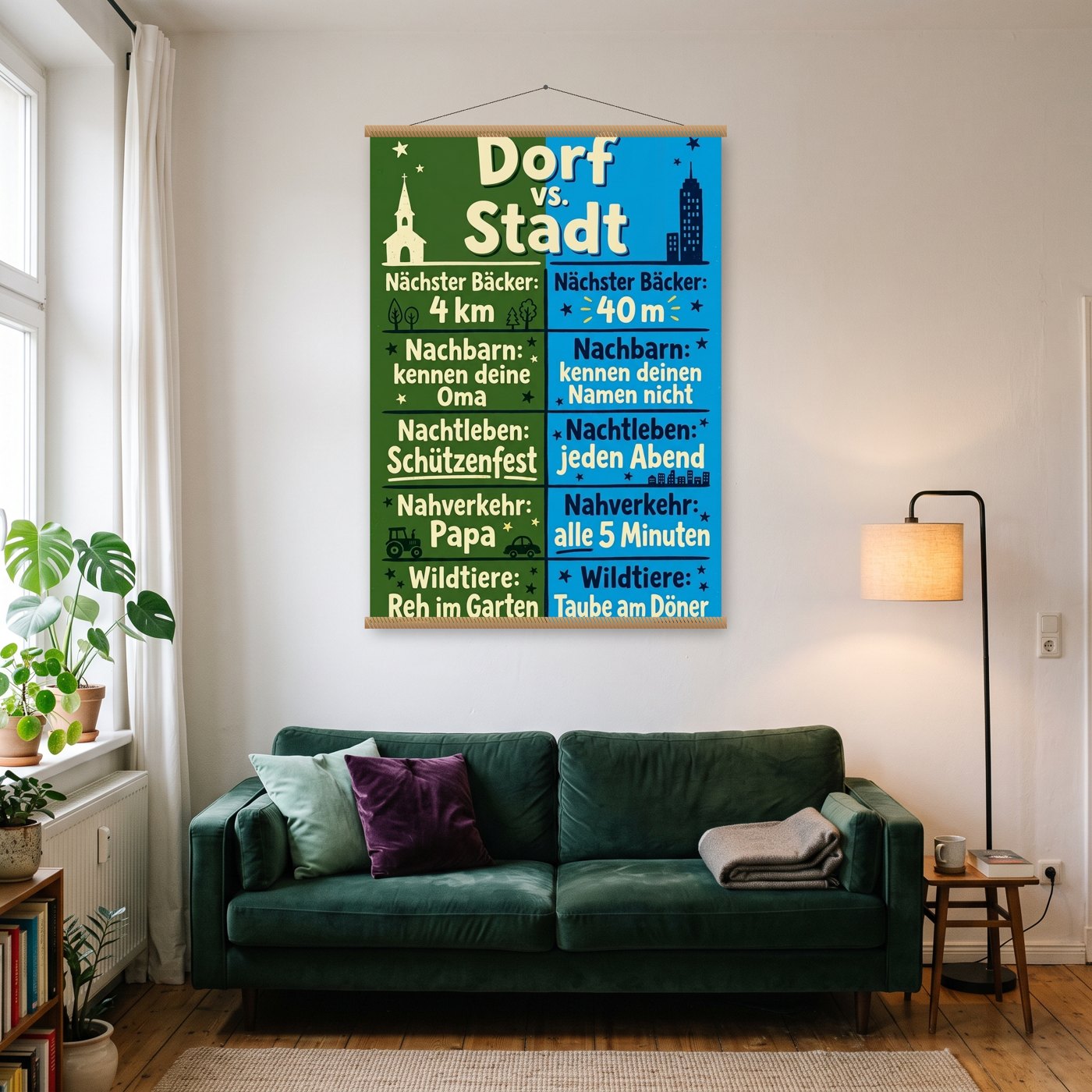 Dorf vs. Stadt – Poster mit Posterleiste an der Wand
