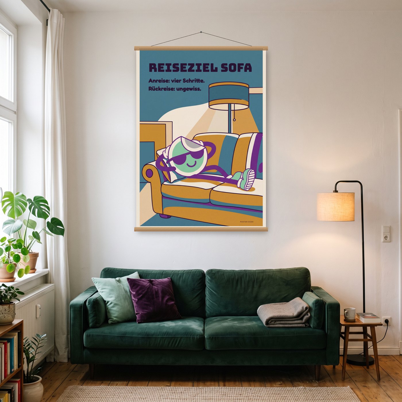 Reiseziel Sofa – Poster mit Posterleiste an der Wand