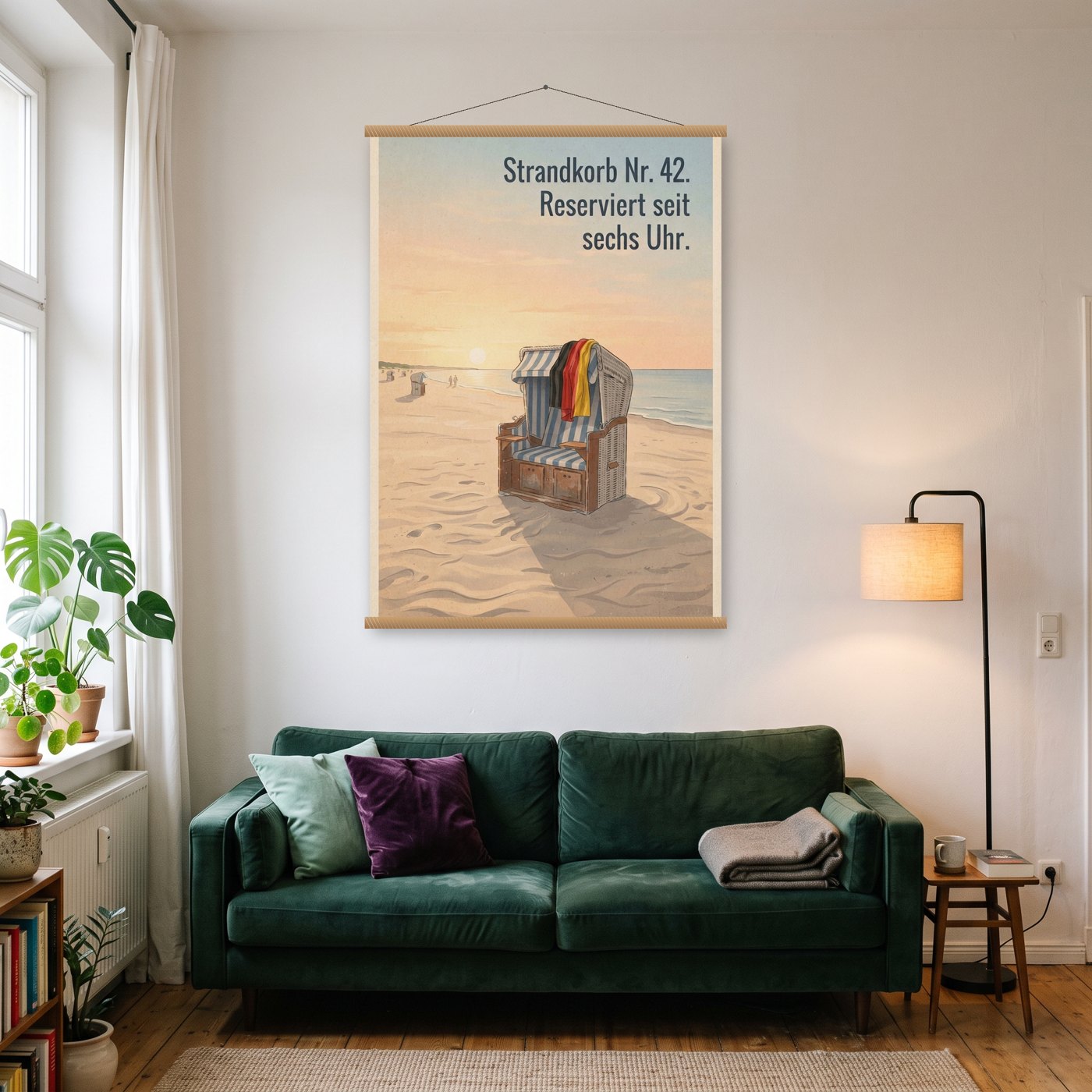 Strandkorb Nr. 42. Reserviert seit sechs Uhr – Poster mit Posterleiste an der Wand