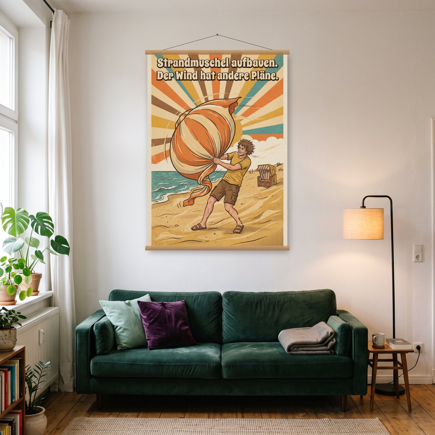 Strandmuschel aufbauen. Der Wind hat andere Pläne – Poster mit Posterleiste an der Wand