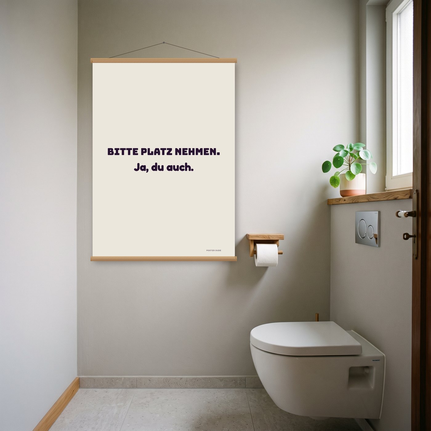 Bitte Platz nehmen – Poster mit Posterleiste an der Wand