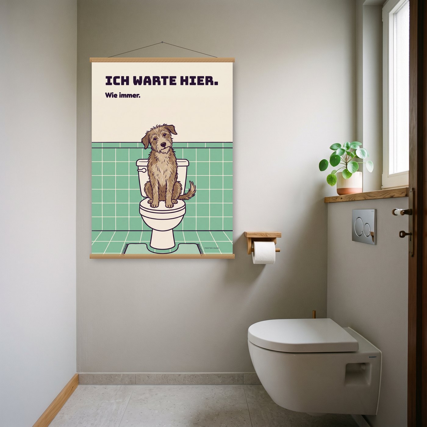 Hund: Klo-Begleitung – Poster mit Posterleiste an der Wand