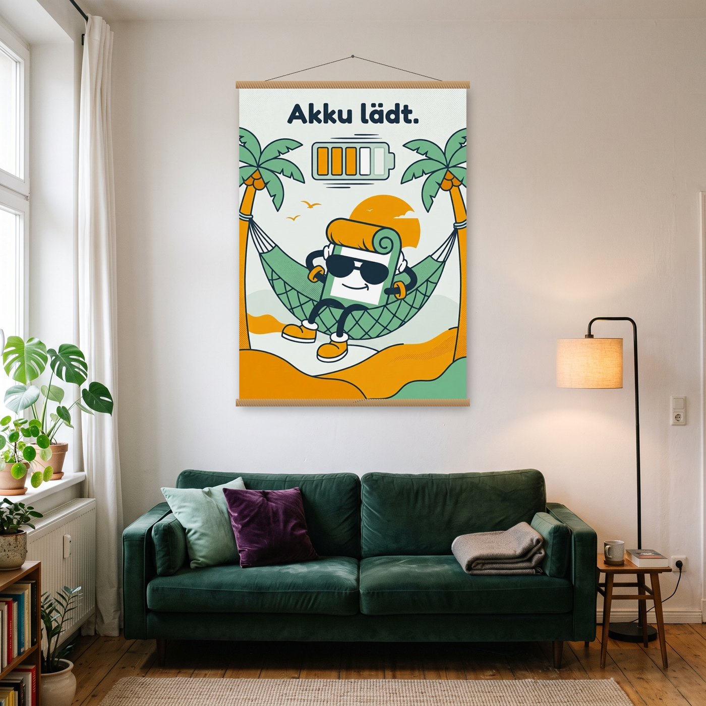 Dude: Akku lädt – Poster mit Posterleiste an der Wand